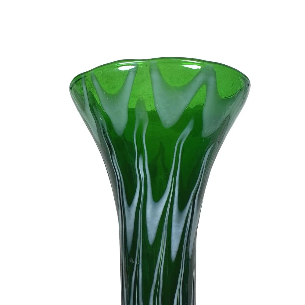 Vintage Murano Pulled Feather Glass Vase MCM 60s Emerald Green White Italian